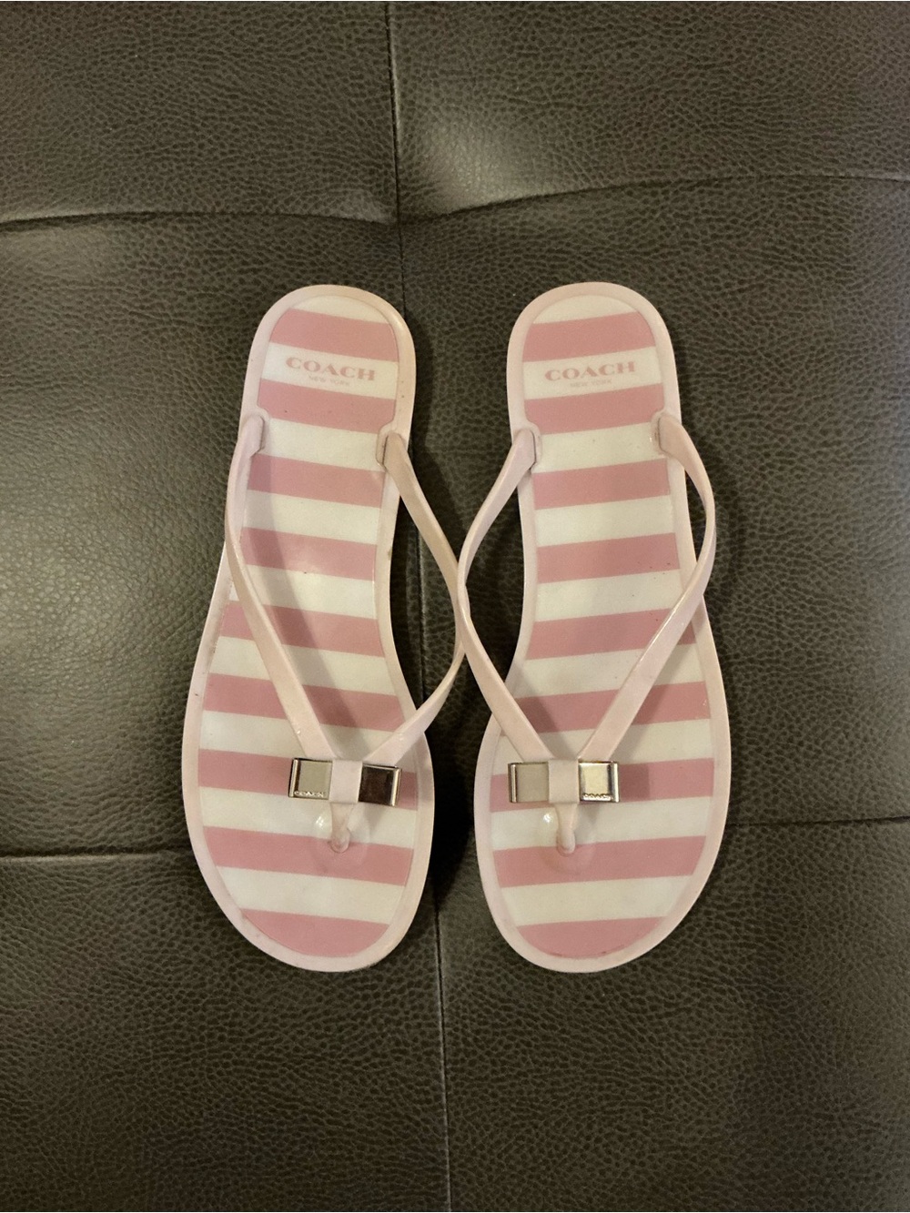 Coach Pink and White Striped Thong Sandals